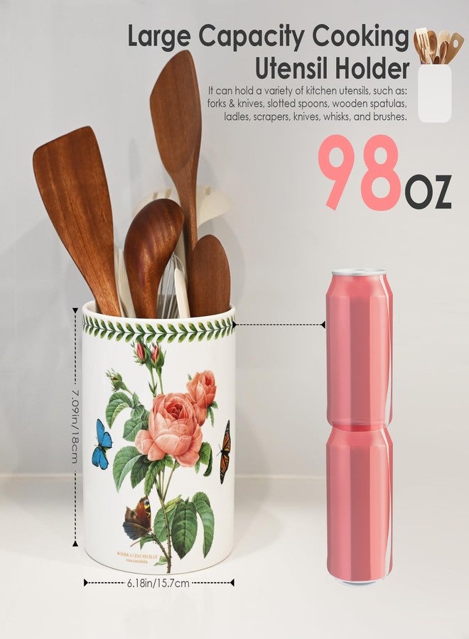 ACMLIFE Extra Large Cooking Utensil Holder, 7.3" Kitchen Utensil Holder for Countertop, Utensil Crock for Farmhouse Kitchen Decor, Ceramic Stable Utensil Caddy, Floral (Rose) - Image 2